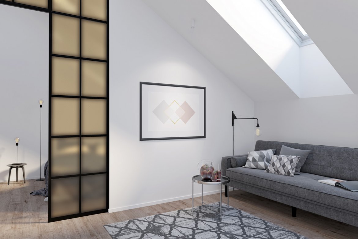 Modern,Attic,With,A,Horizontal,Poster,On,A,White,Wall