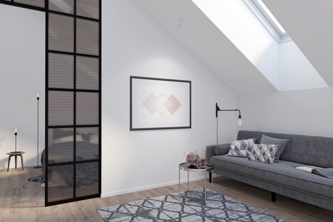 Modern,Attic,With,A,Horizontal,Poster,On,A,White,Wall