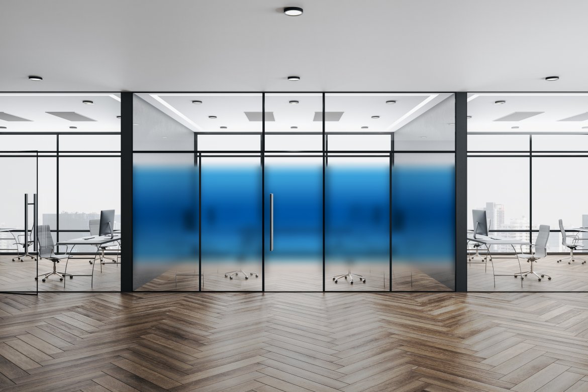 Modern office interior with megapolis city view and computers on